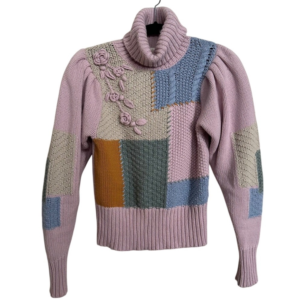 LoveShackFancy Allan Patchwork Appliqué Turtleneck Sweater - Pink/Multi - XS